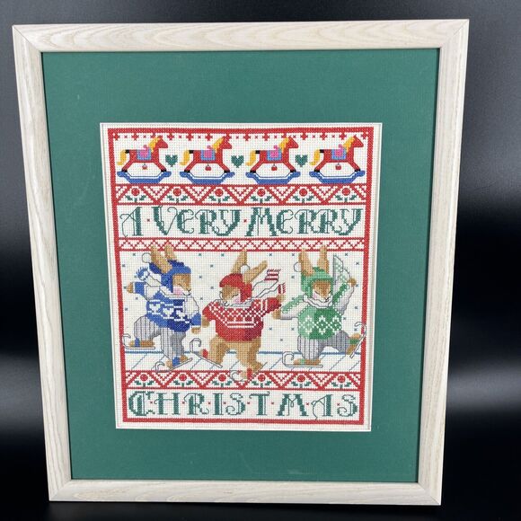Merry Bunnies Better Homes and Gardens Framed Cross Stitch Merry Christmas - Picture 1 of 13